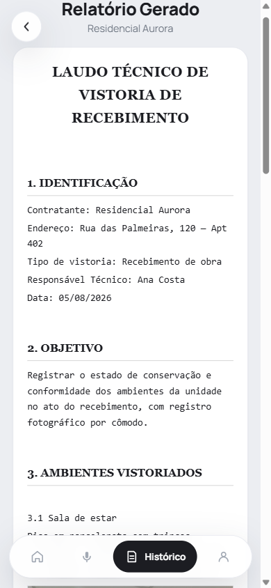 Laudo técnico gerado no celular: título, identificação e ambientes vistoriados.