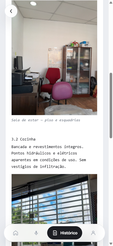Laudo com fotos embutidas por ambiente: sala de estar e cozinha.